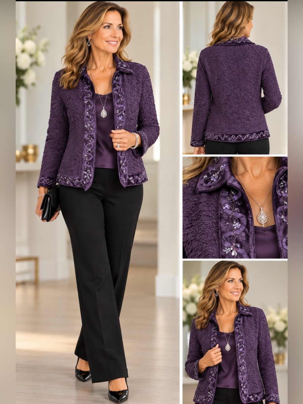 Chico's Purple Bouclé Jacket with Embellished Trim